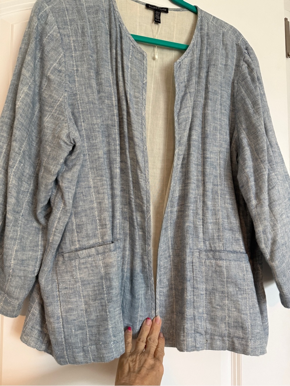 Eileen Fisher Soft Light Blue Organic Linen-Gauze Blend Open Front Jacket